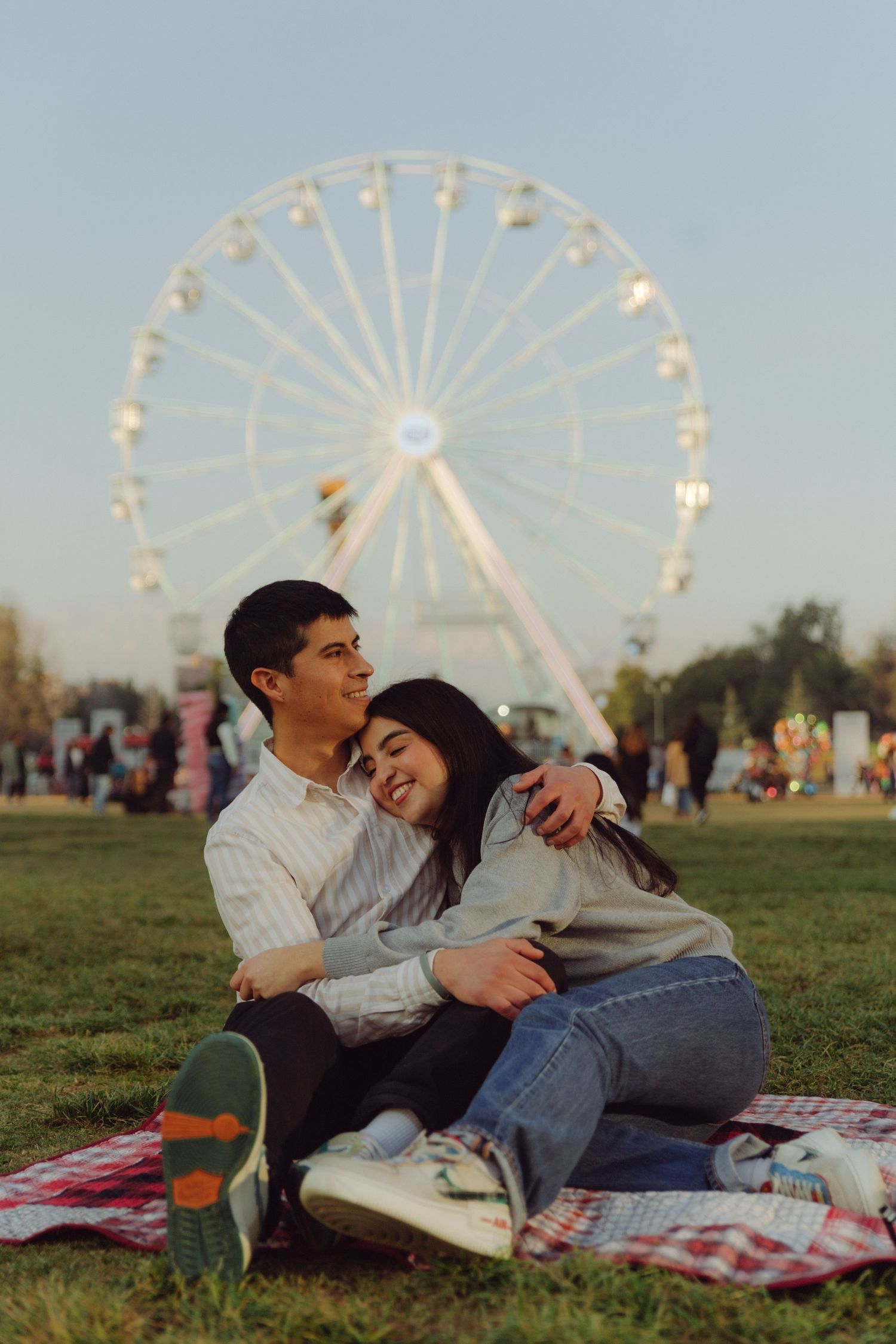 Young couple cuddling on a checkered blanket in a park with a large ferris wheel behind them on a sunny day.