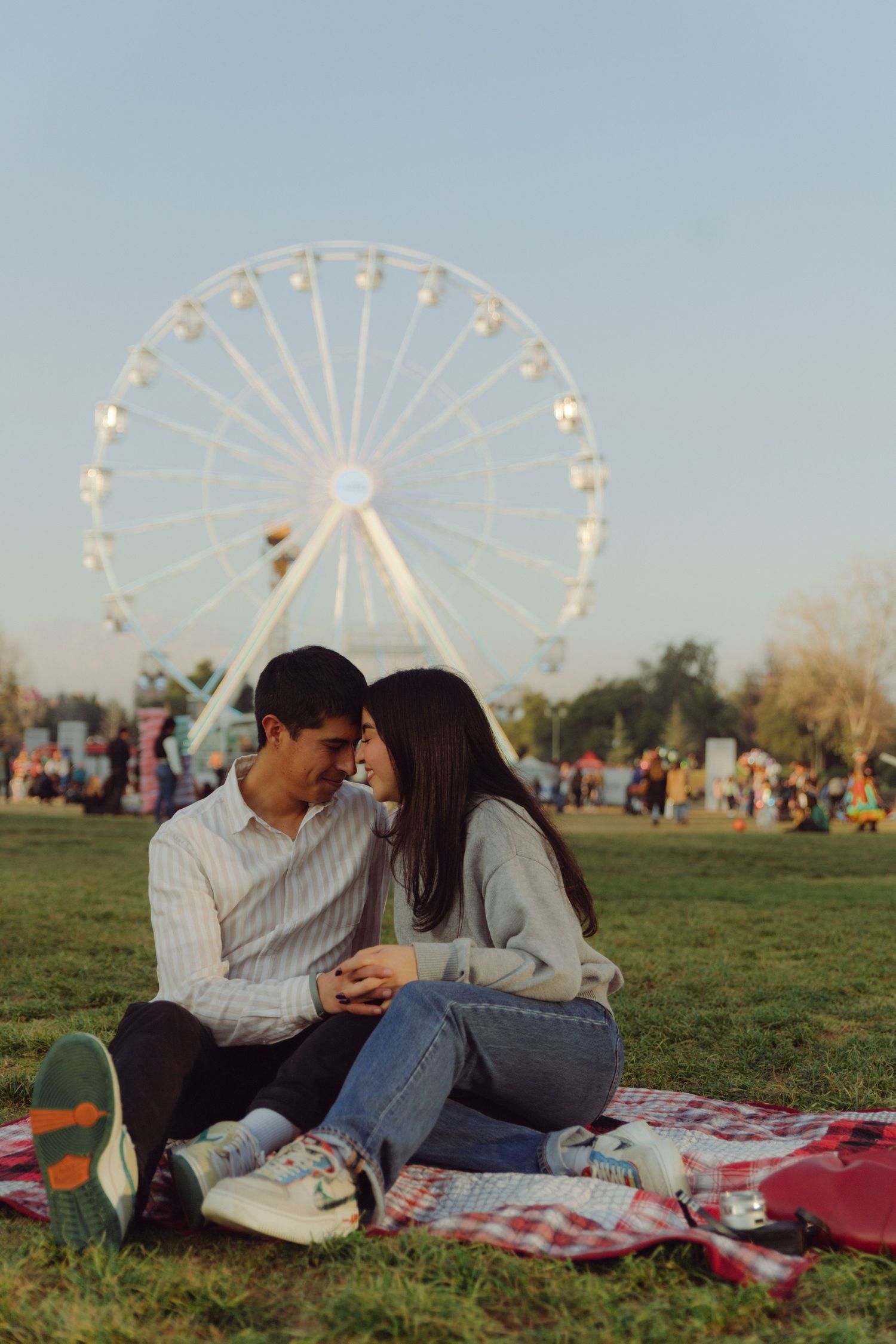 Romantic couple sitting close together on a blanket in a park, leaning in for a kiss near a ferris wheel.