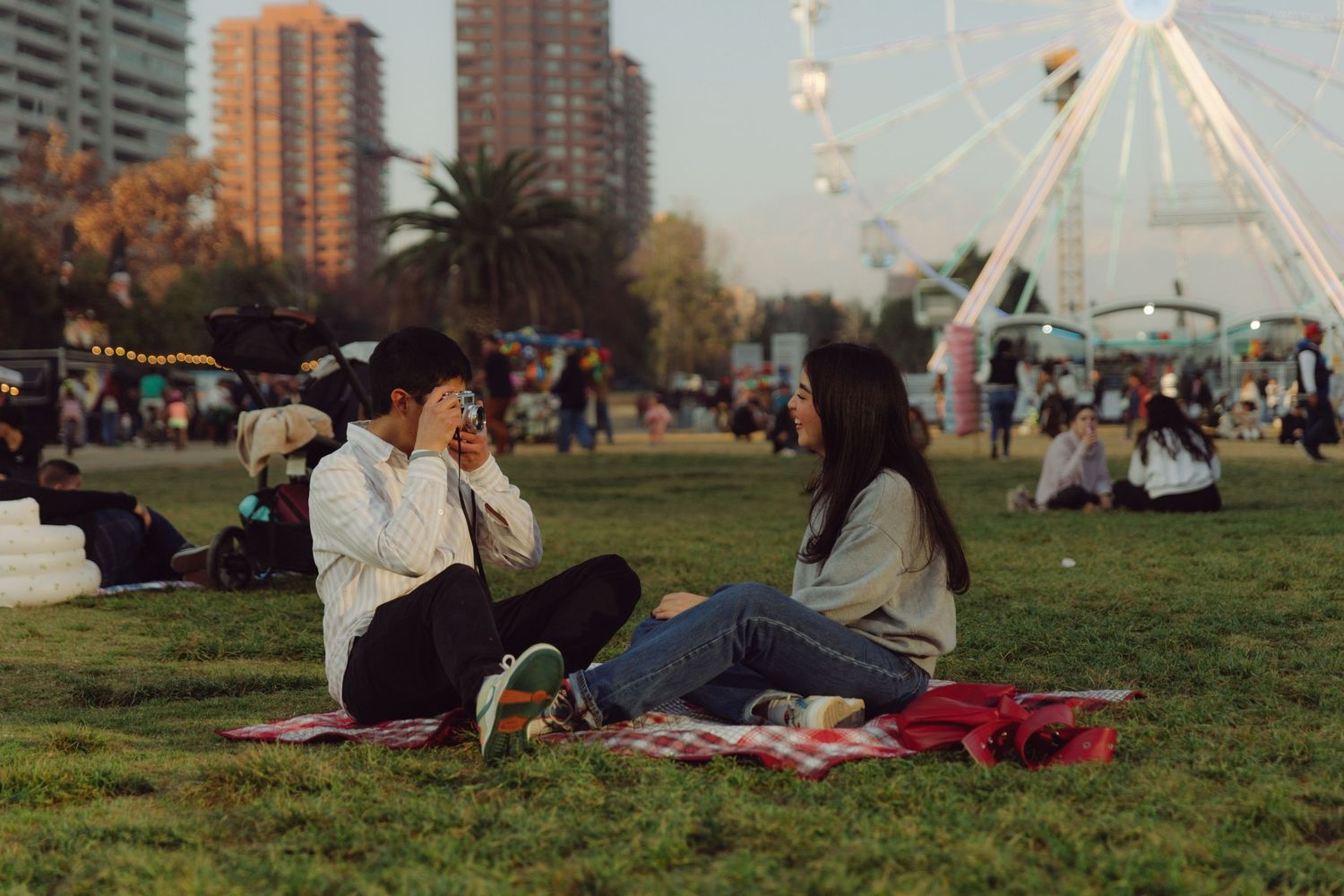 Young couple sitting on a checkered blanket in a busy park, with a ferris wheel and city buildings in the background.