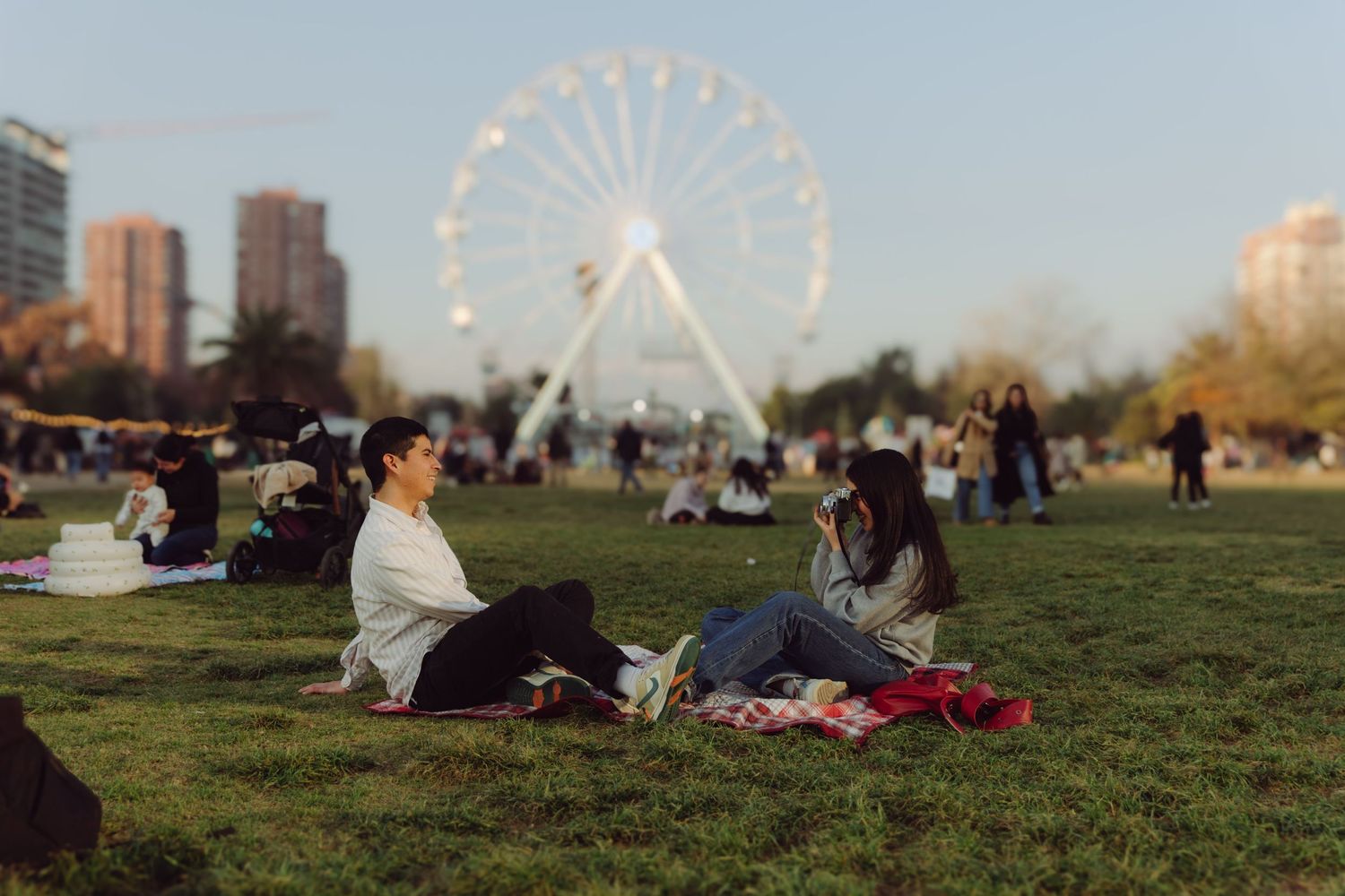 Couple enjoying a picnic on grass with a large Ferris wheel and city skyline in the background.
