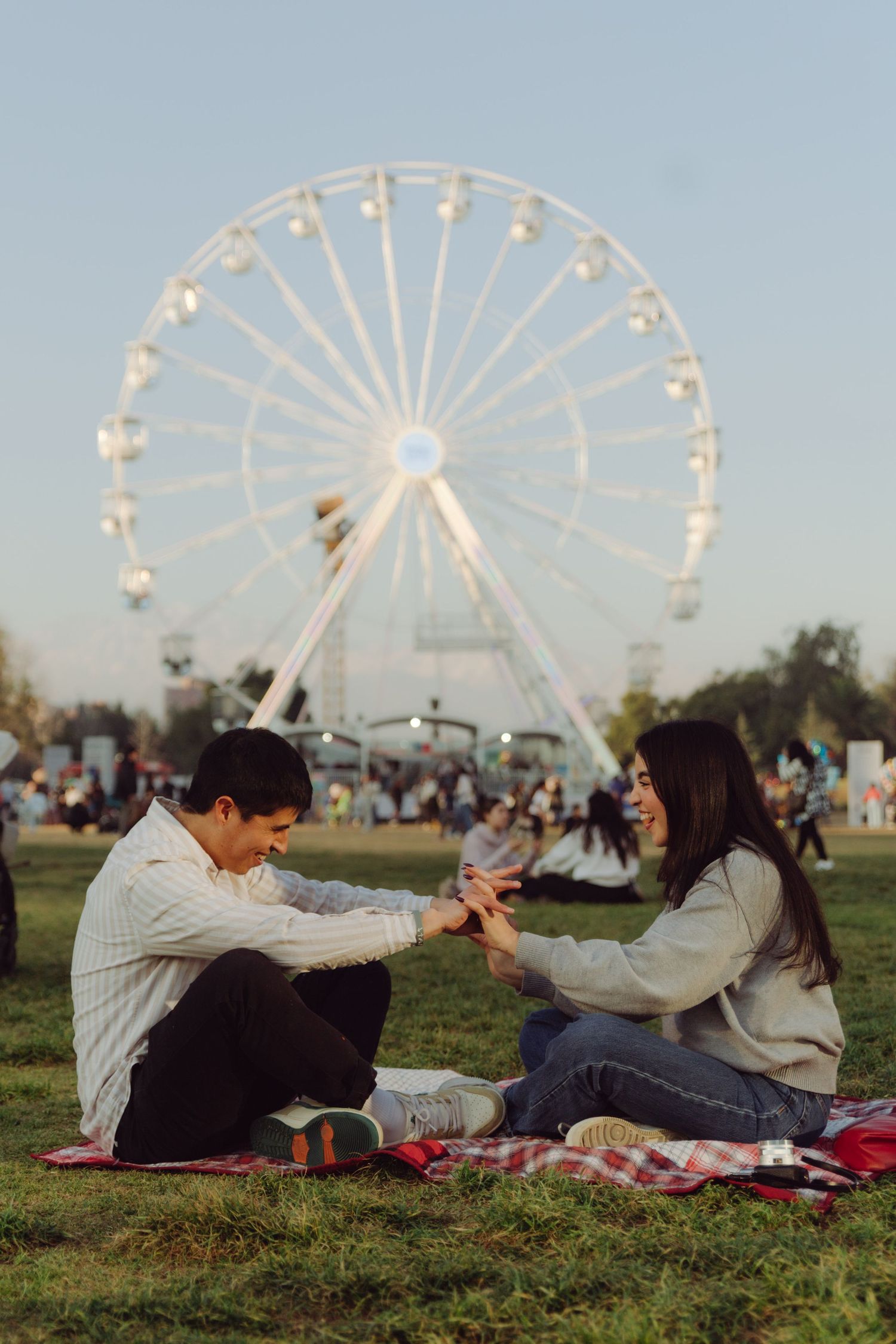 Romantic couple holding hands on a picnic blanket with a large Ferris wheel at sunset behind them.