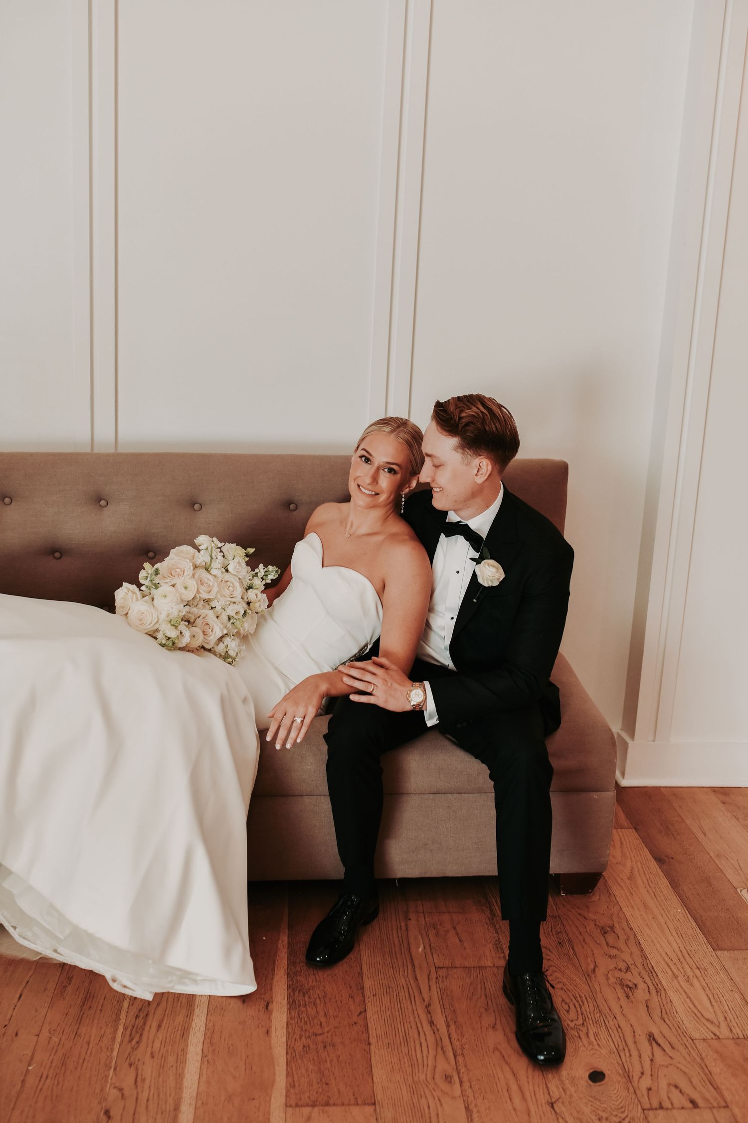 Romantic newlywed portrait inside Hall on Dragon