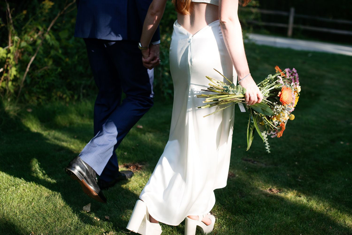 wedding dress and flower bouquet