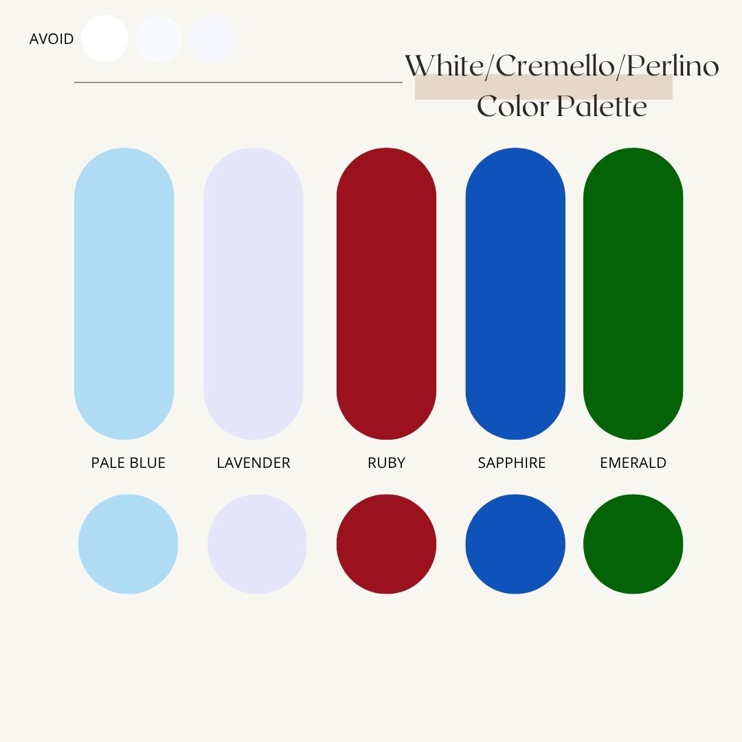 Color palette featuring pale blue, lavender, ruby red, sapphire blue and emerald green tones arranged in rounded shapes.