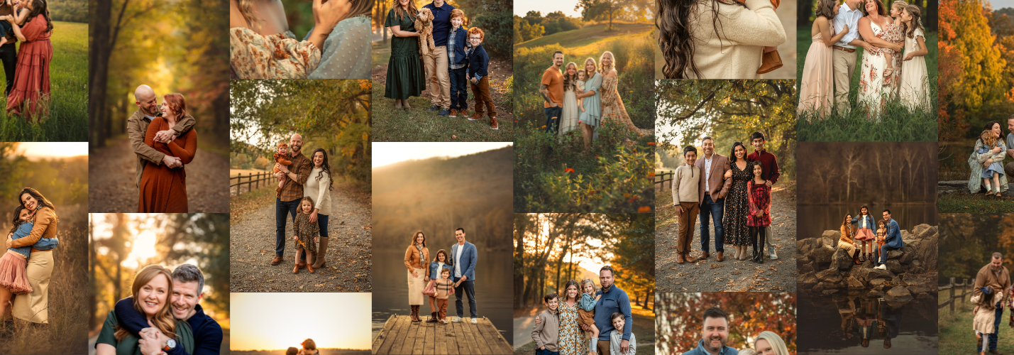 A collage of warm autumn family portrait sessions featuring groups and couples posing outdoors in golden hour light.