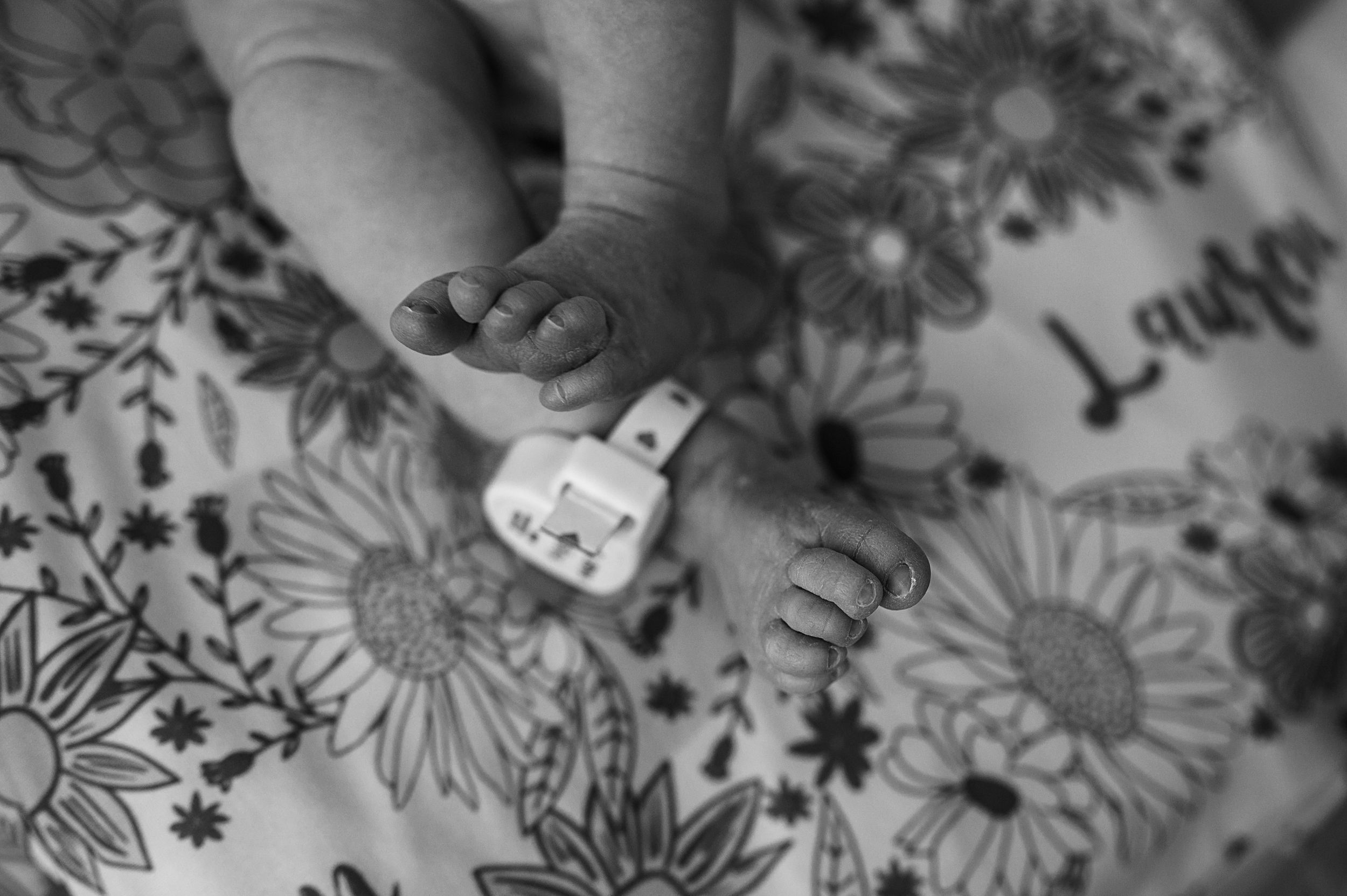 Black and white photo of newborn baby feet with hospital monitor.