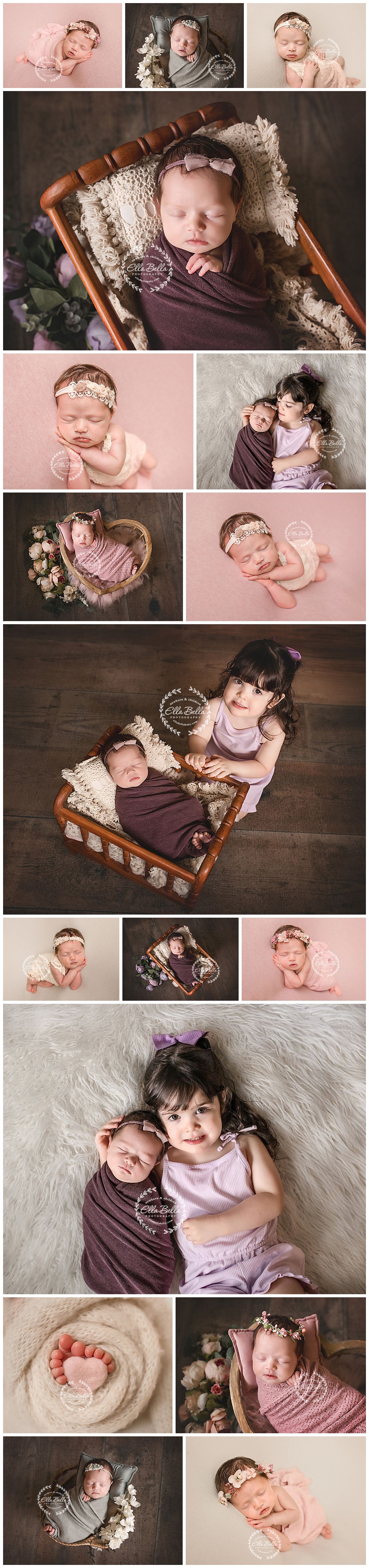 Newborn photography collage featuring a sleeping baby girl in purple wrap with toddler sister, posed in wooden bed and floral props.