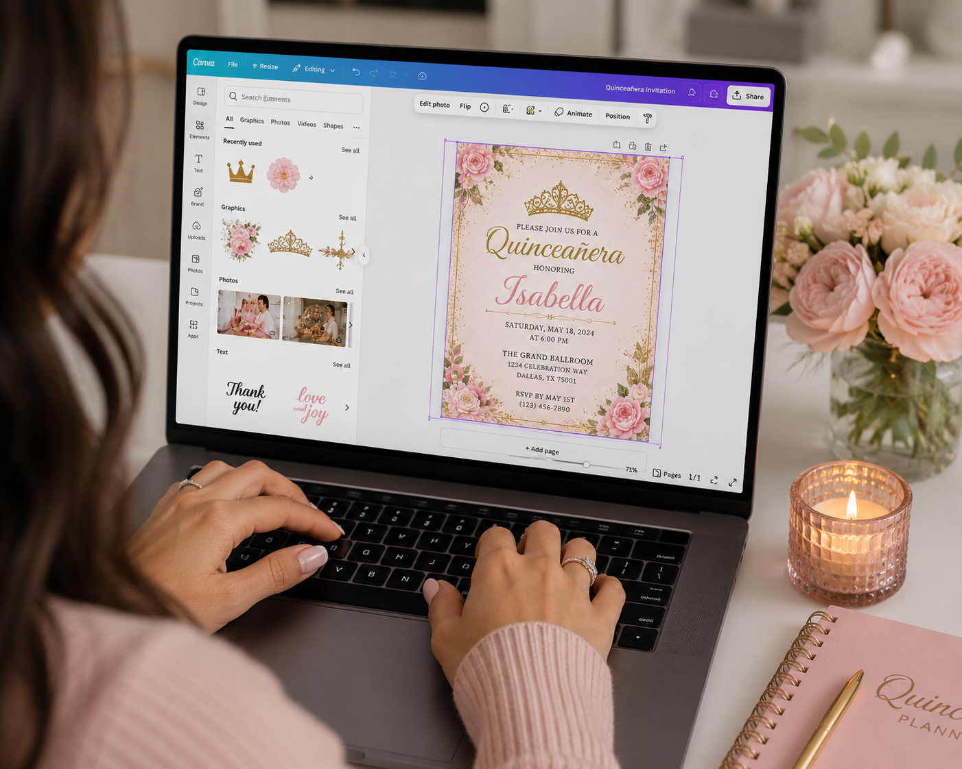 Over shoulder view designing Canva quince invitation using free digital quince invitations and budget quinceañera ideas resources today