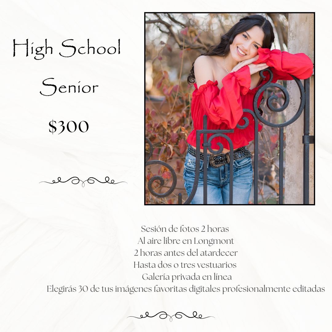 High school senior photography package priced at $300, featuring a smiling young woman in a red dress posing outdoors.