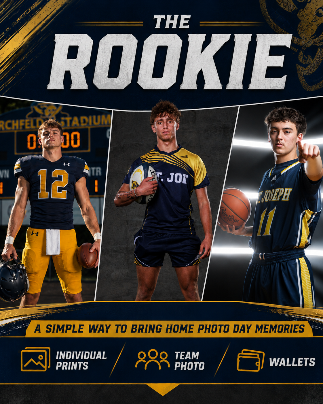 The Rookie sports photo day package featuring three male athletes in football, rugby, and basketball uniforms with print options.