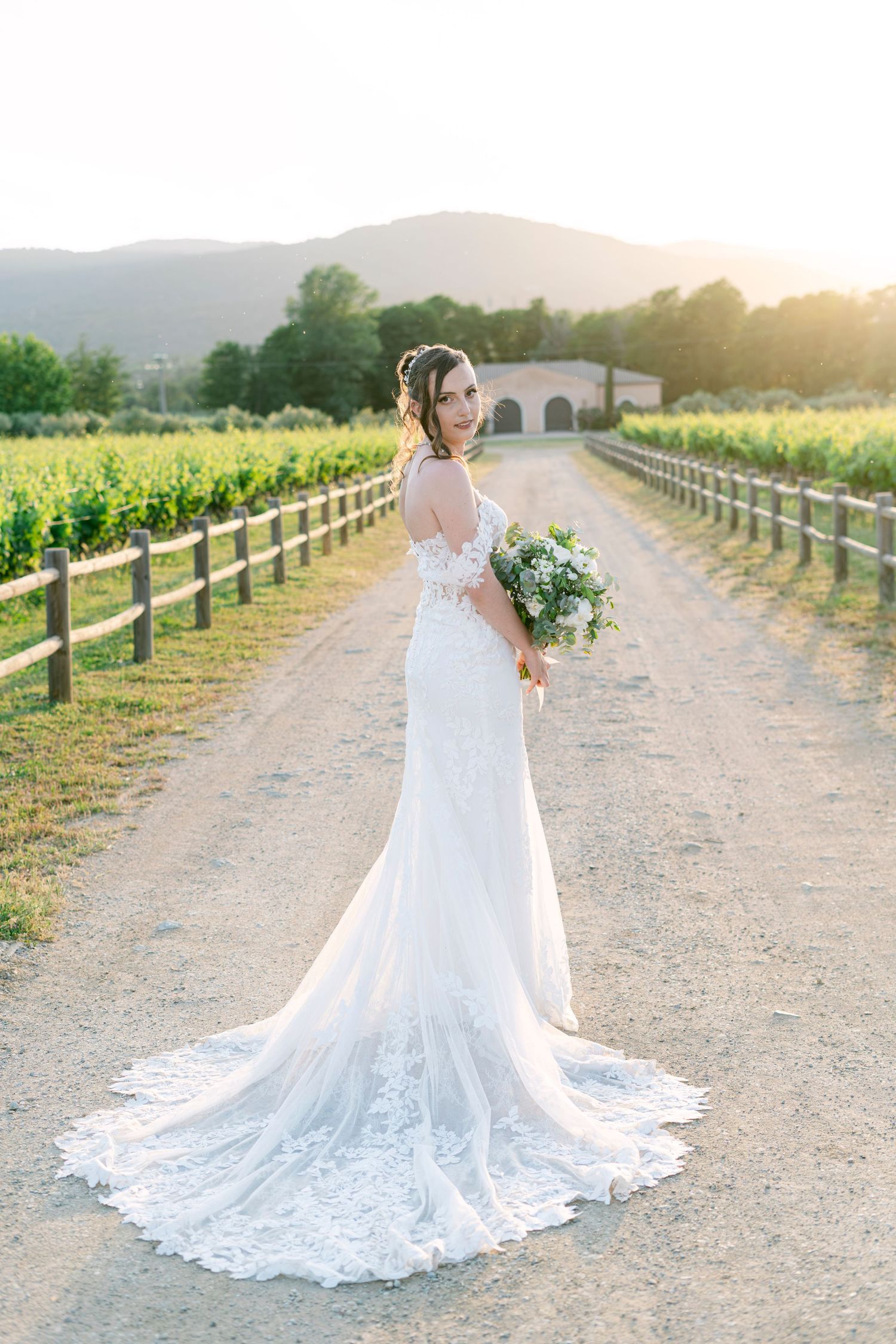 Bride in lace wedding gown with train holds bouquet on vineyard path at golden hour sunset.