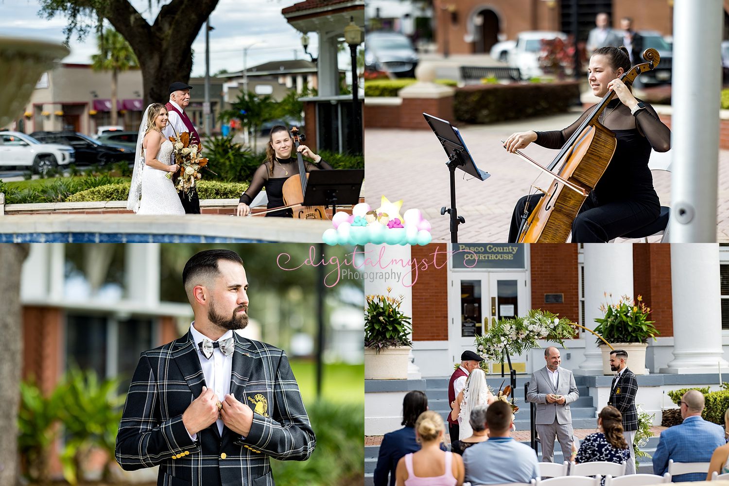 Outdoor wedding ceremony with a cellist performing, a groom in plaid suit, and guests gathered in a sunny plaza setting.