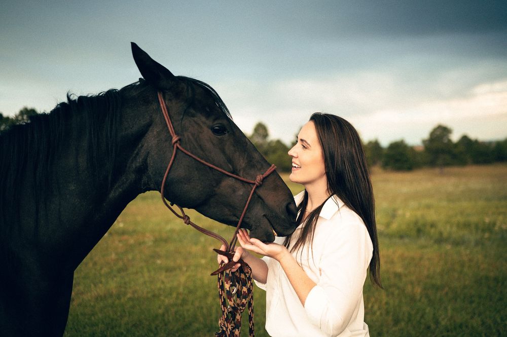 A young woman in a white blouse tenderly interacts with a dark brown horse in a green field under a cloudy sky.