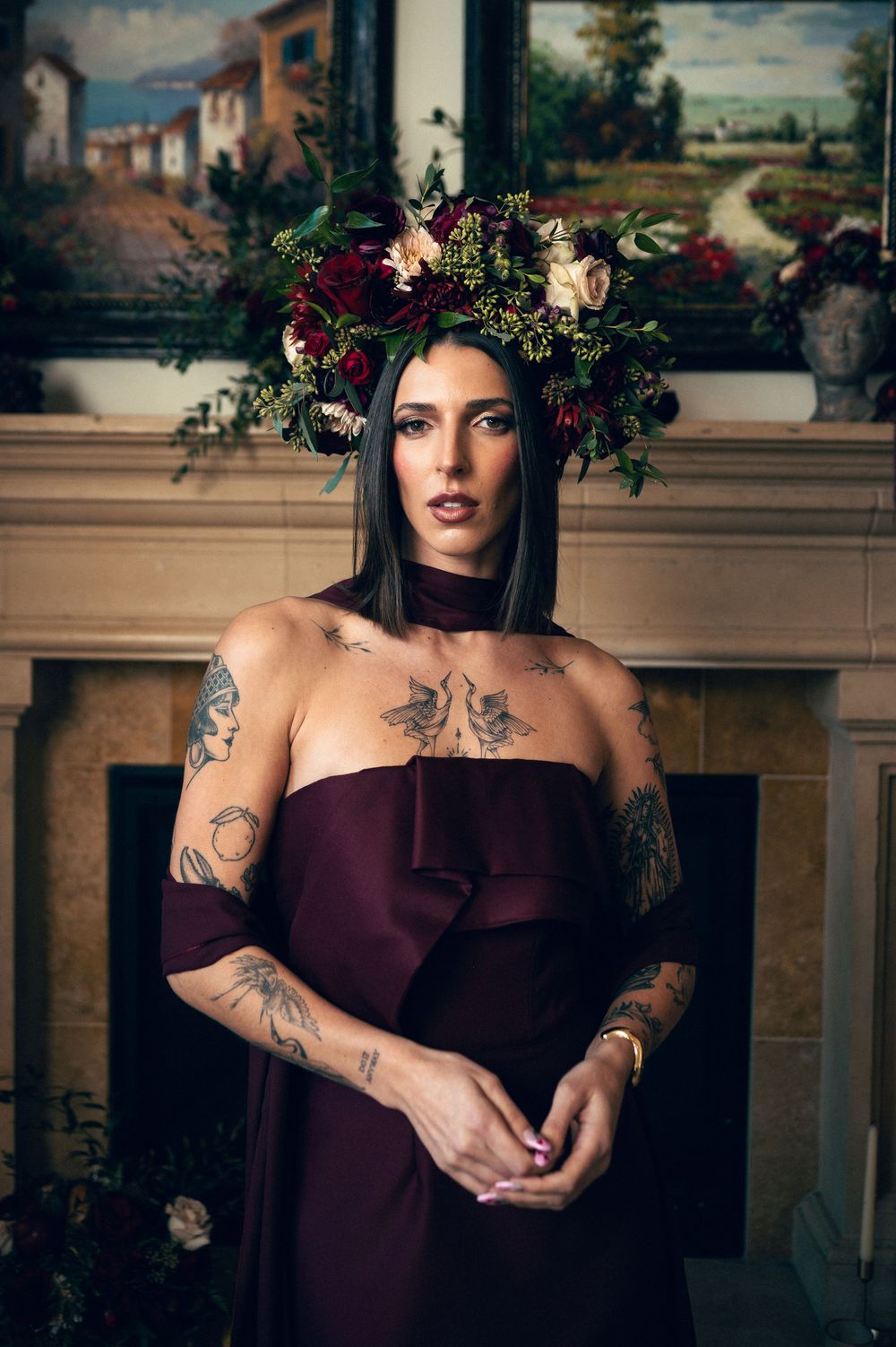 Beautiful goth dark bridal makeup look with a burgundy wedding dress  - celebrity quality luxury makeup in Salt Lake City Utah by Carl James