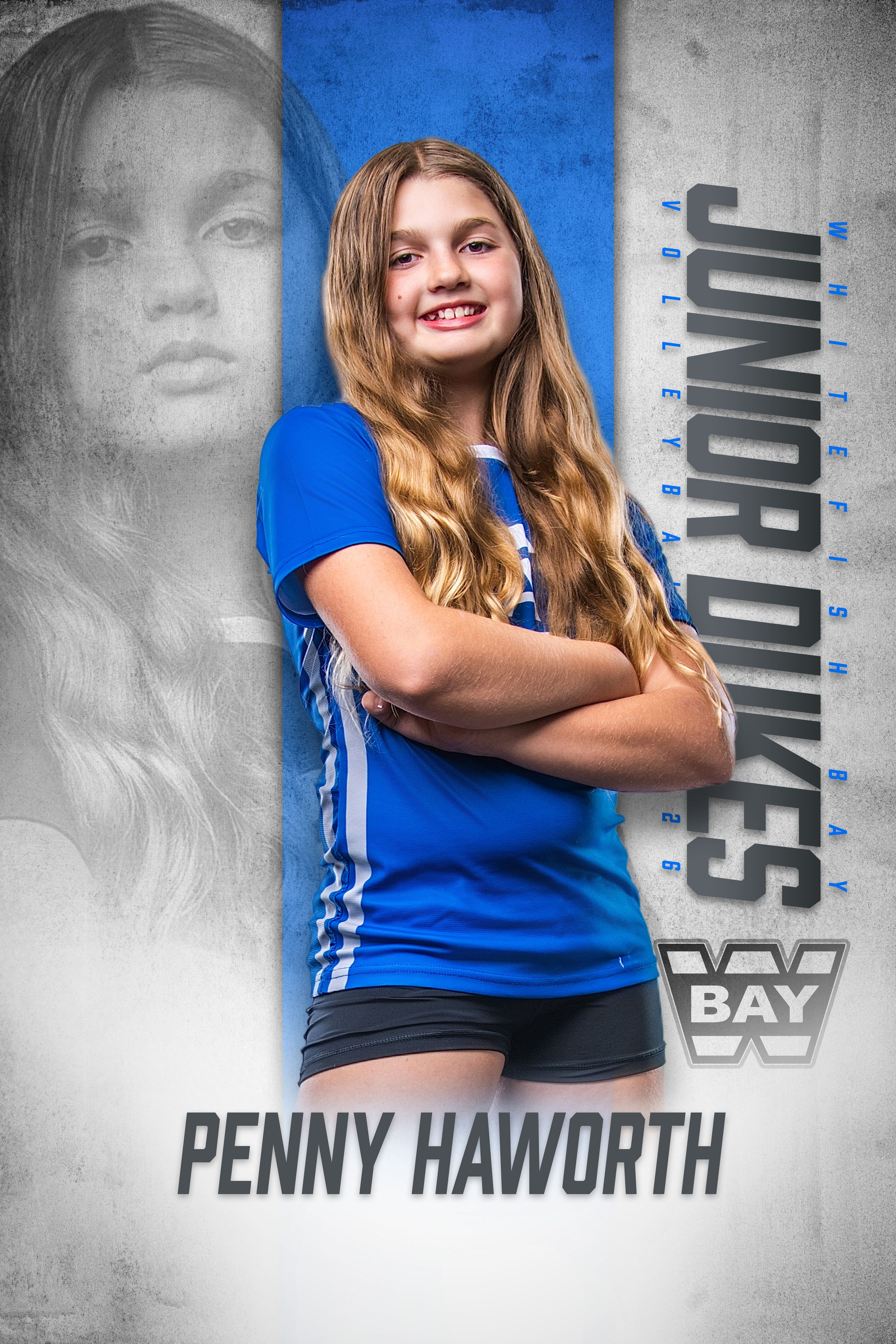 Penny Haworth Junior Dukes Bay volleyball player posing in blue uniform with arms crossed.