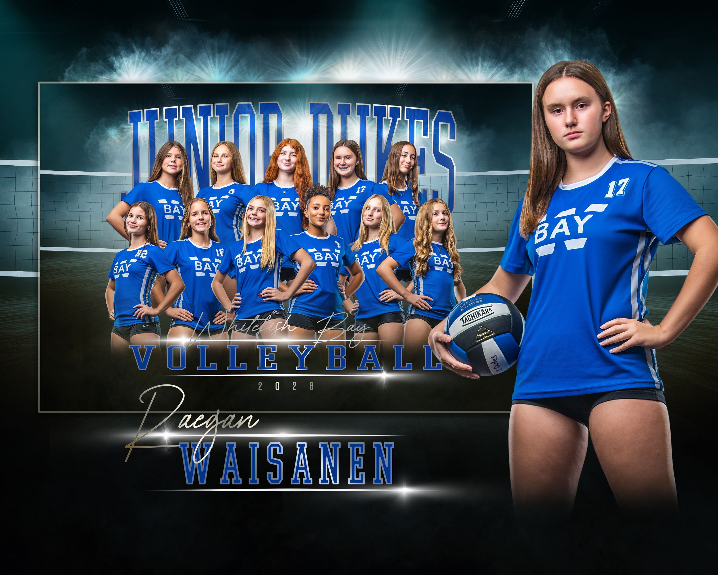 Junior Dukes volleyball team photo featuring player Raegan Waisanen in blue BAY uniforms posed on a dramatic dark background.