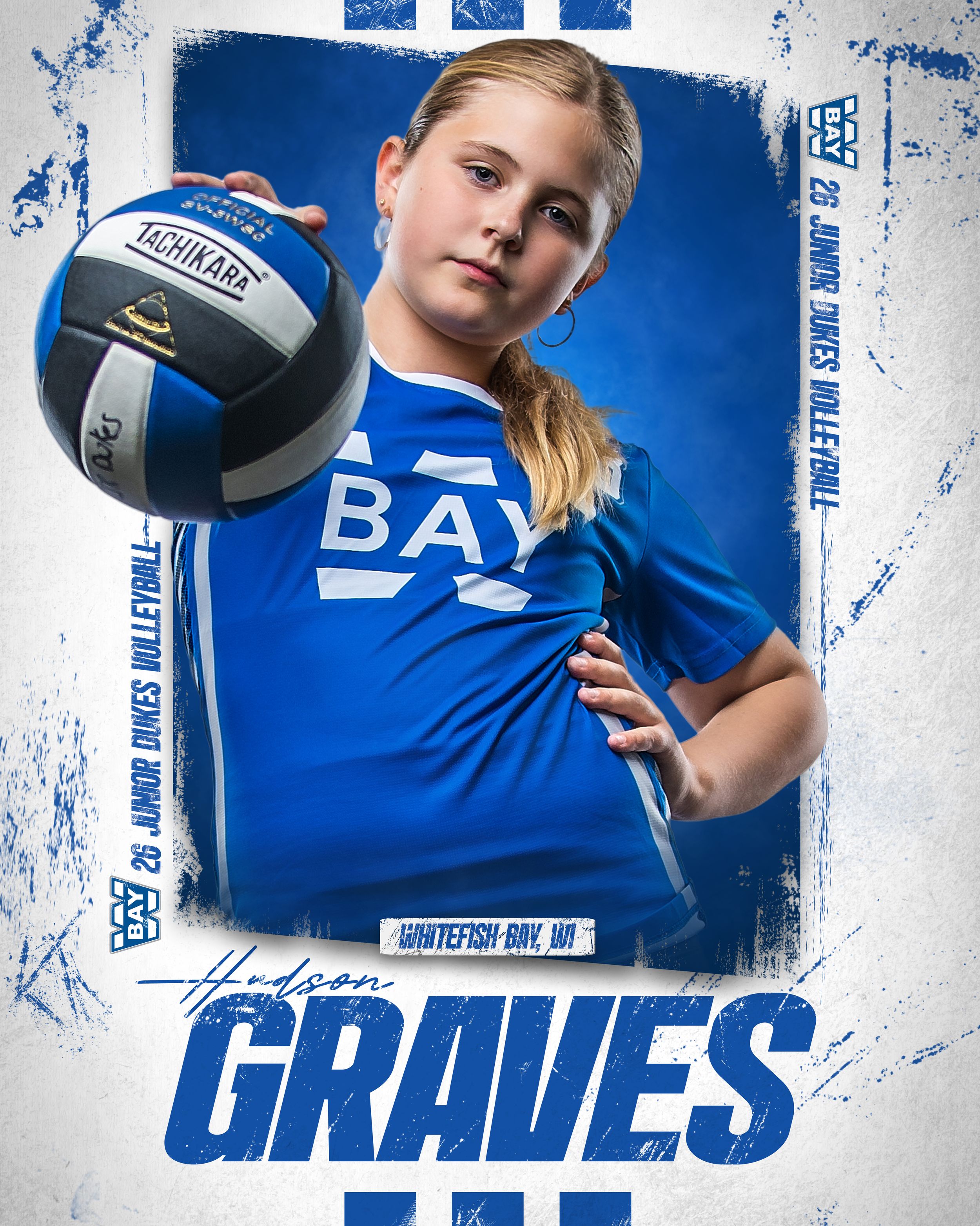 Young volleyball player Hudson Graves in blue BAY jersey holding ball, Whitefish Bay Junior Tankes Volleyball team photo.