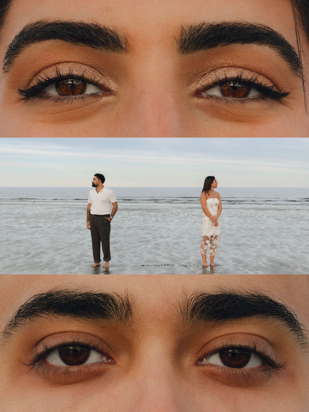 A collage of close-up eyes and a couple standing apart on a beach at dusk.