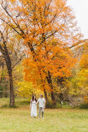 A couple holds hands while walking across a grassy meadow beneath a large tree with vibrant orange autumn leaves.