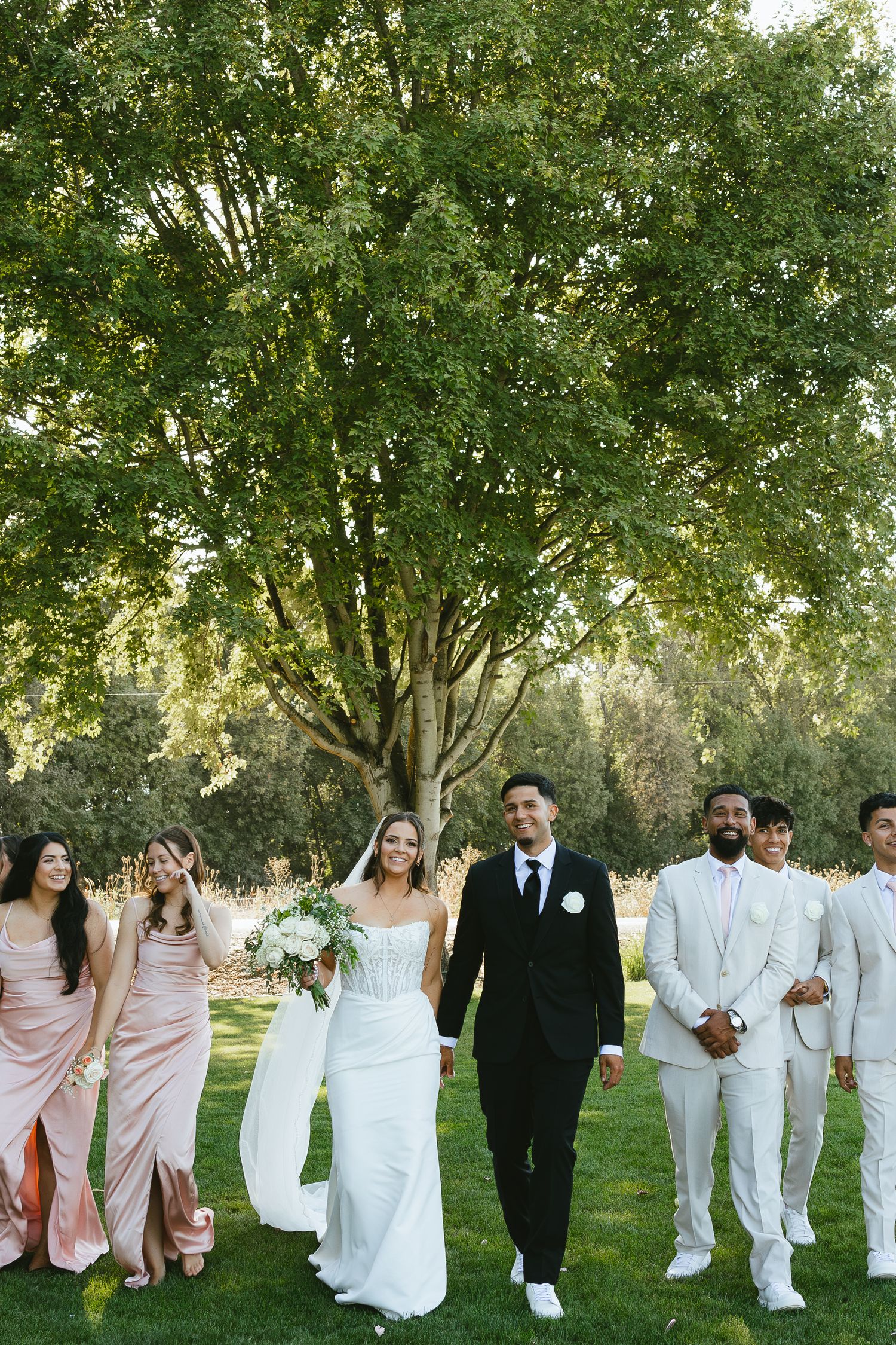 Bride and groom walk with wedding party on green lawn, bridesmaids in blush pink gowns and groomsmen in beige suits.