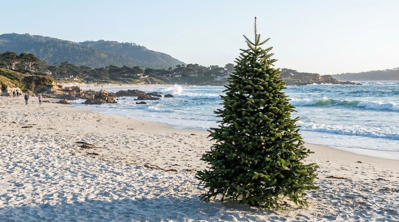 An undecorated Christmas tree stands on a sunny sandy beach with ocean waves and rocky hills in the background.