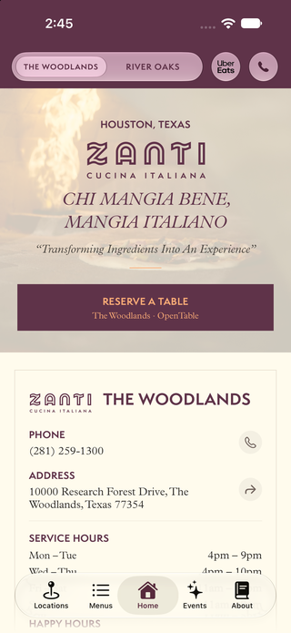 Zanti Cucina Italiana restaurant app showing The Woodlands Houston Texas location with phone number address and service hours.