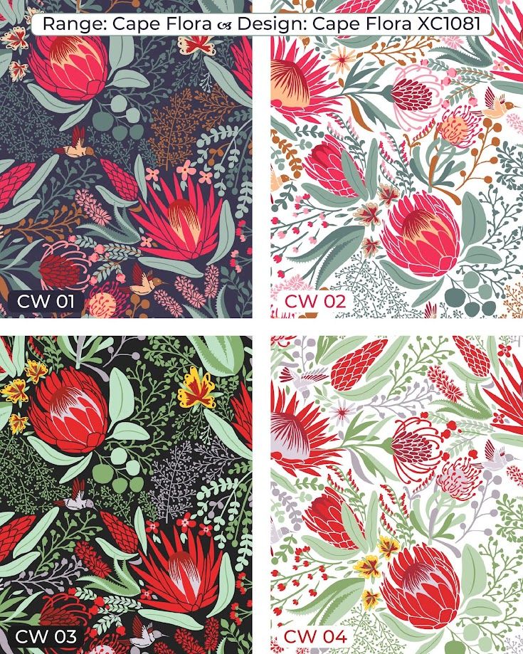 Four colorful protea floral fabric designs in Cape Flora XC1081 range, featuring red blooms on dark and light backgrounds.