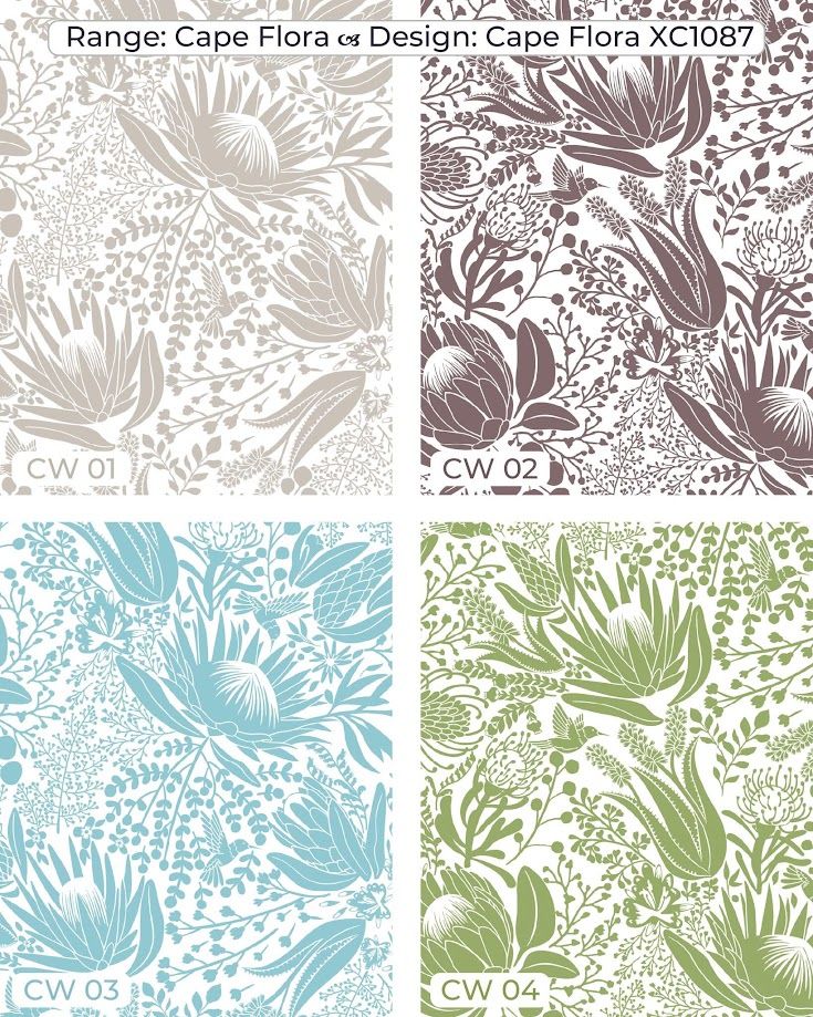 Four colorways of Cape Flora XC1087 floral wallpaper featuring protea botanicals in taupe, mauve, teal, and olive green.