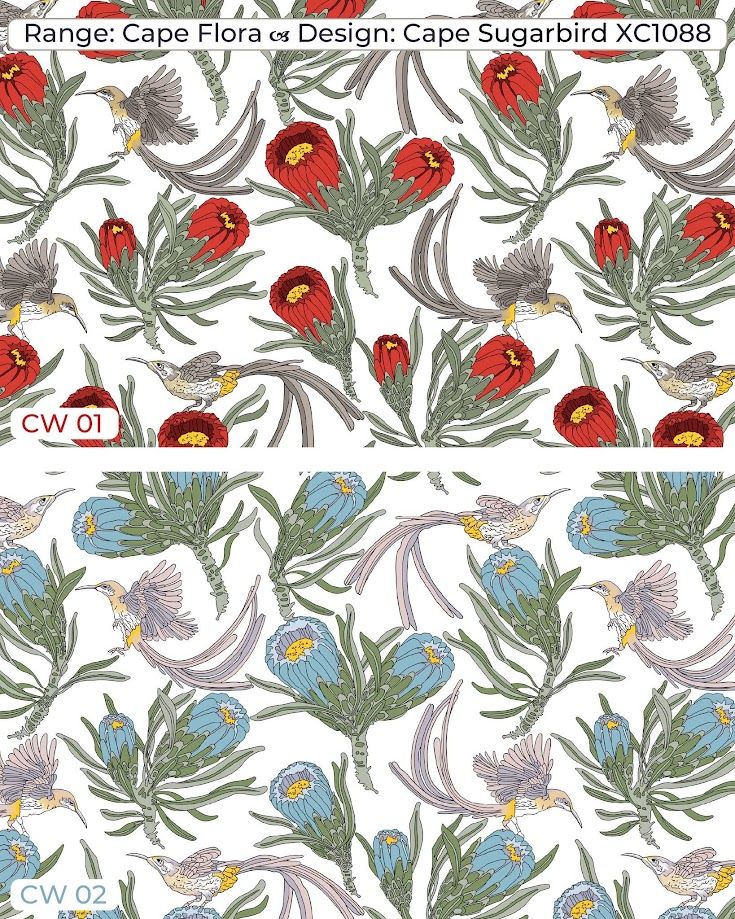 Cape Flora fabric featuring Cape Sugarbird design XC1088 in two colorways: red blooms CW01 and blue blooms CW02.