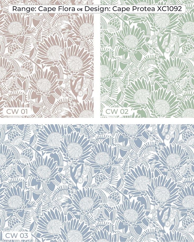 Cape Flora Cape Protea XC1092 floral wallpaper in three colorways: taupe CW01, sage green CW02, and dusty blue CW03.