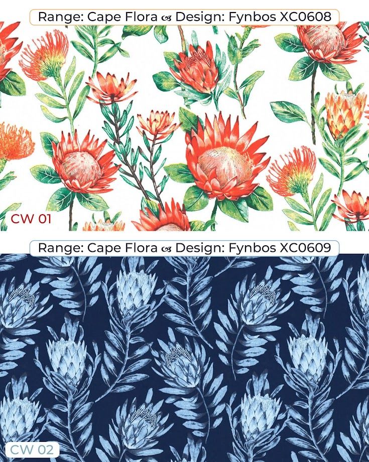 Two fabric swatches featuring protea floral patterns: vibrant red blooms on white and blue monochrome flowers on navy.