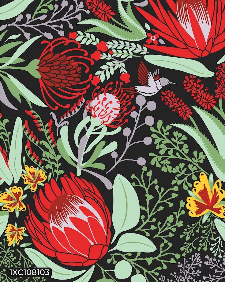 Bold floral fabric print with red proteas, green leaves, and a hummingbird on black background.