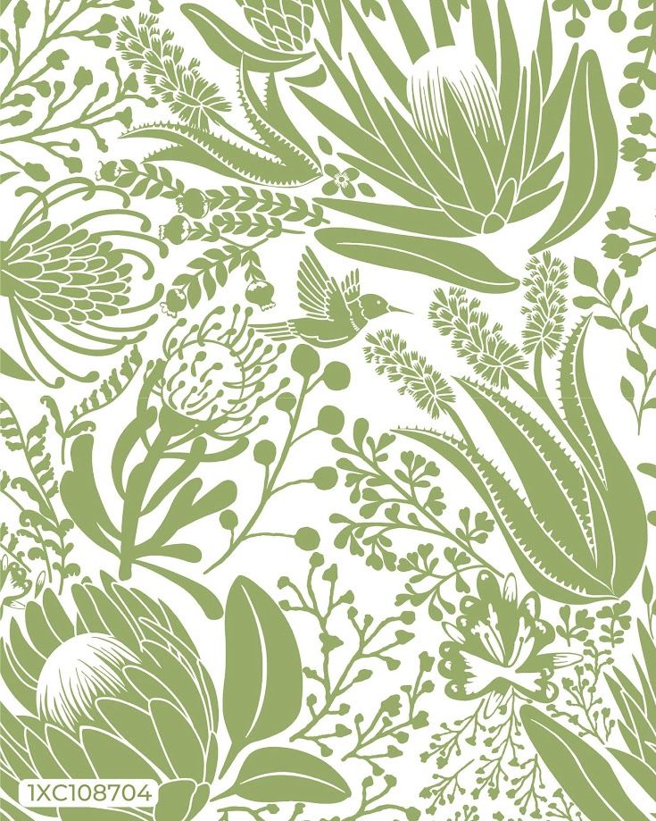 Green and white botanical wallpaper featuring tropical flowers, birds, and foliage in an elegant flat design pattern.