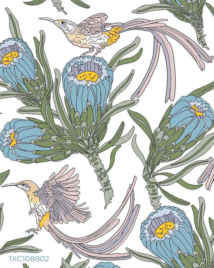 Blue protea flowers with hummingbirds on white background, botanical illustration pattern.