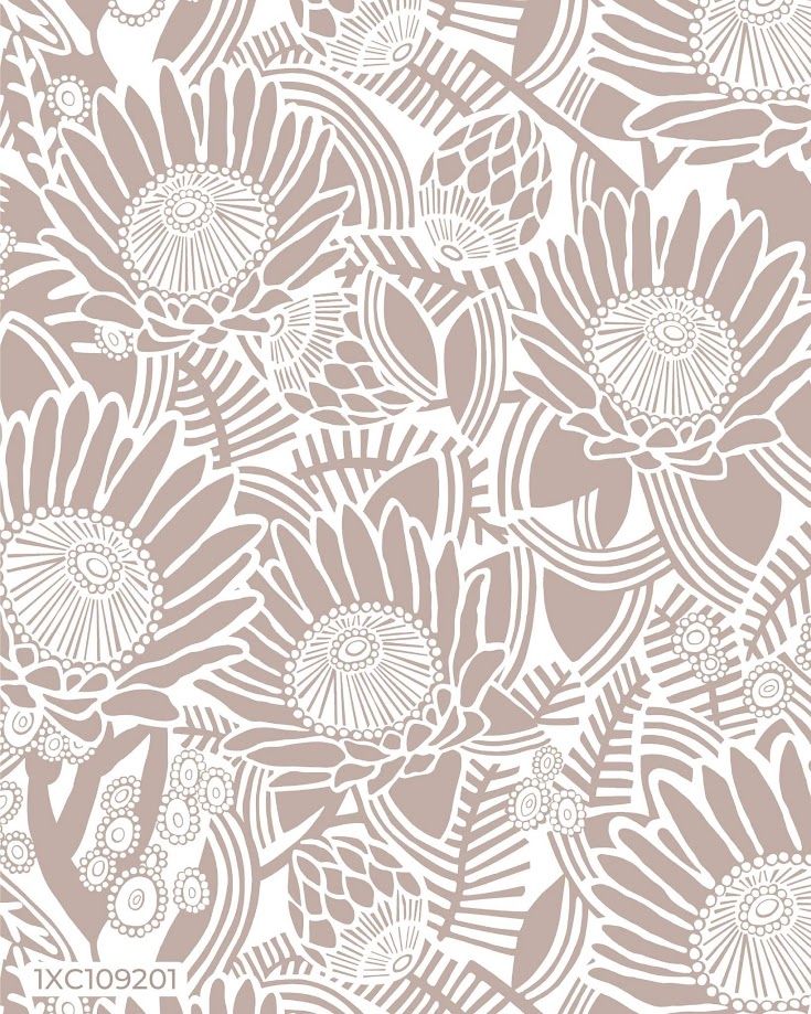 Taupe and white floral wallpaper featuring bold protea and sunflower botanical pattern in elegant two-tone design.