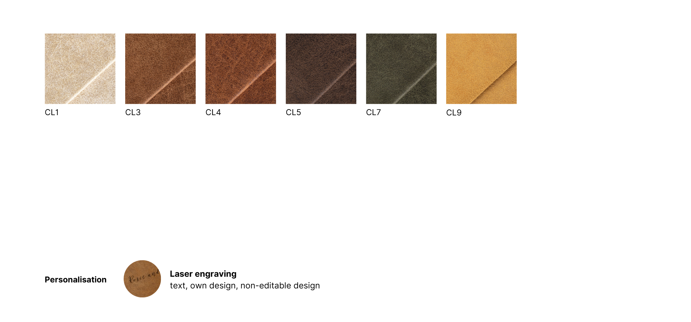 Leather color swatches ranging from light tan to dark brown, with laser engraving personalization option for custom text designs.
