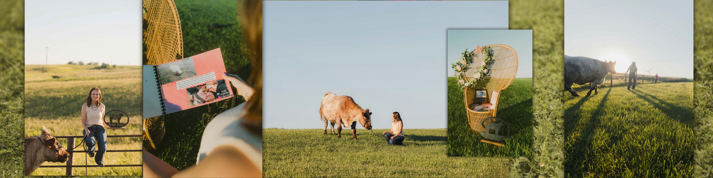 A collage of farm life featuring a woman near a fence, horses grazing in green fields, and a hot air balloon at sunset.