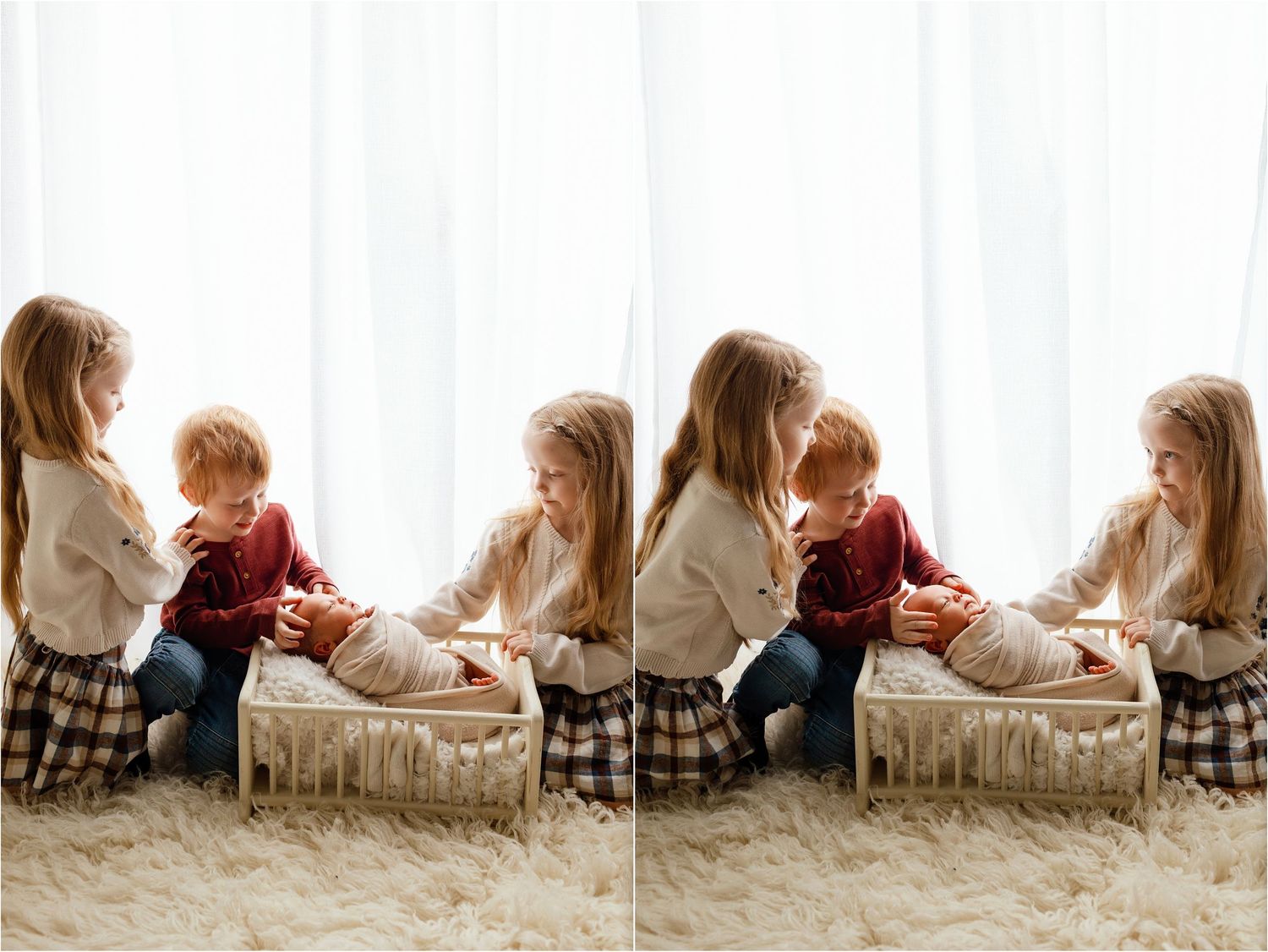 Two older siblings lovingly gaze at their newborn baby during a soft natural light family photography session.