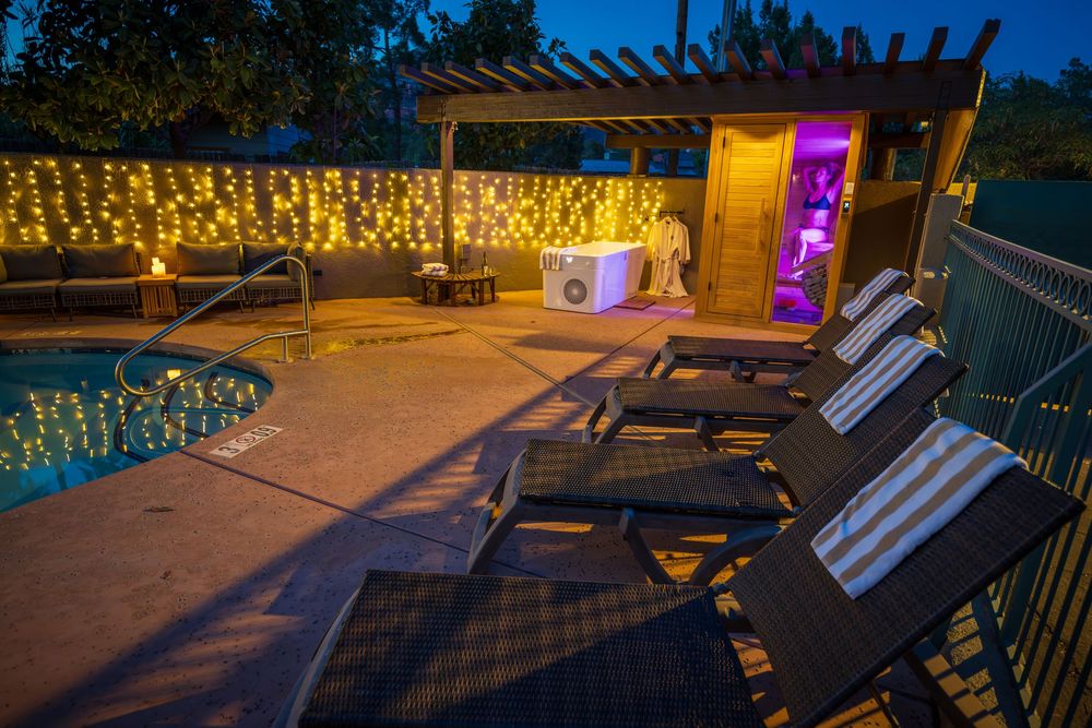 Woman sweating in the sauna captured for the luxury hotel, The Southwest Inn in Sedona, AZ.