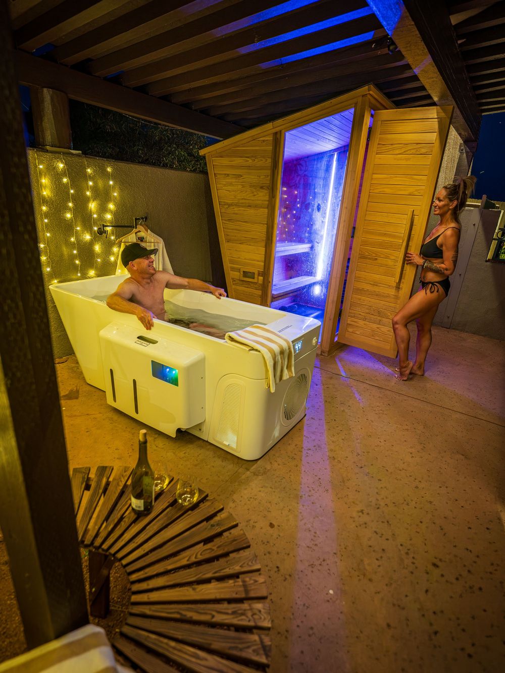 A couple in the cold plunge/sauna at a luxury hotel, The Southwest Inn in Sedona, AZ.