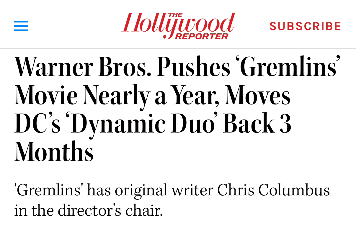 Gremlins 3 update in the Hollywood Reporter