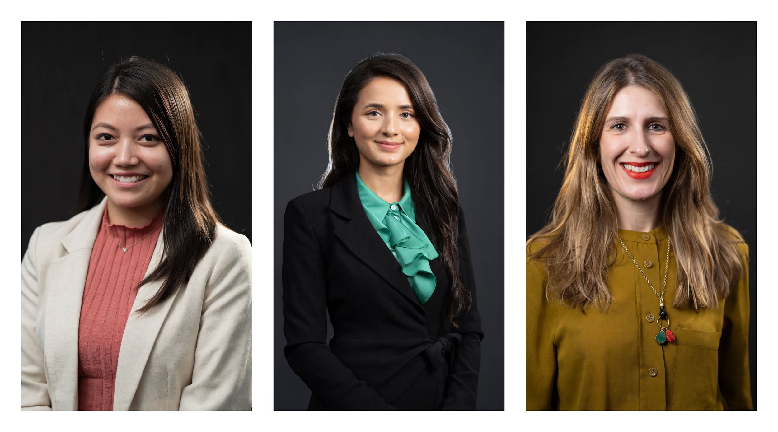 Three professional women pose for formal headshots against a dark background, dressed in business attire.