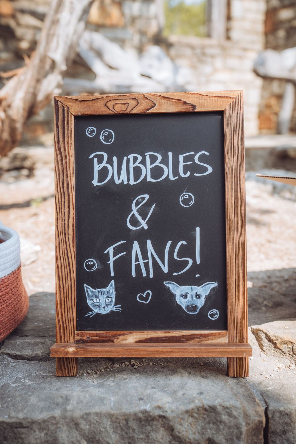 Rustic wooden chalkboard sign reading Bubbles & Fans with cat and dog drawings, displayed outdoors on stone surface.