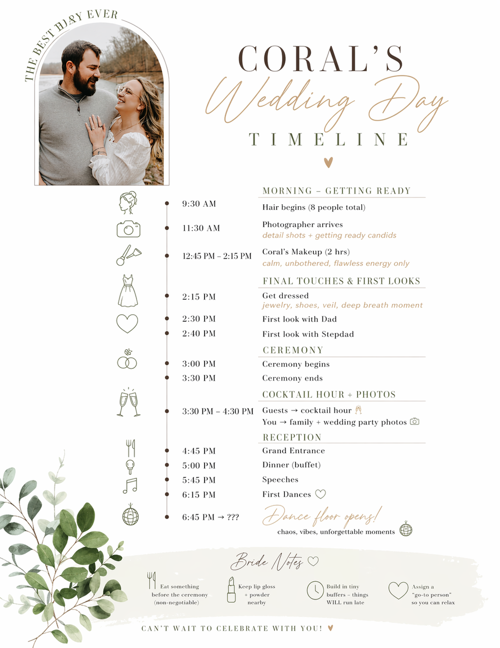 Elegant wedding day timeline template featuring a couple photo, floral accents, and detailed schedule for Coral's special day.