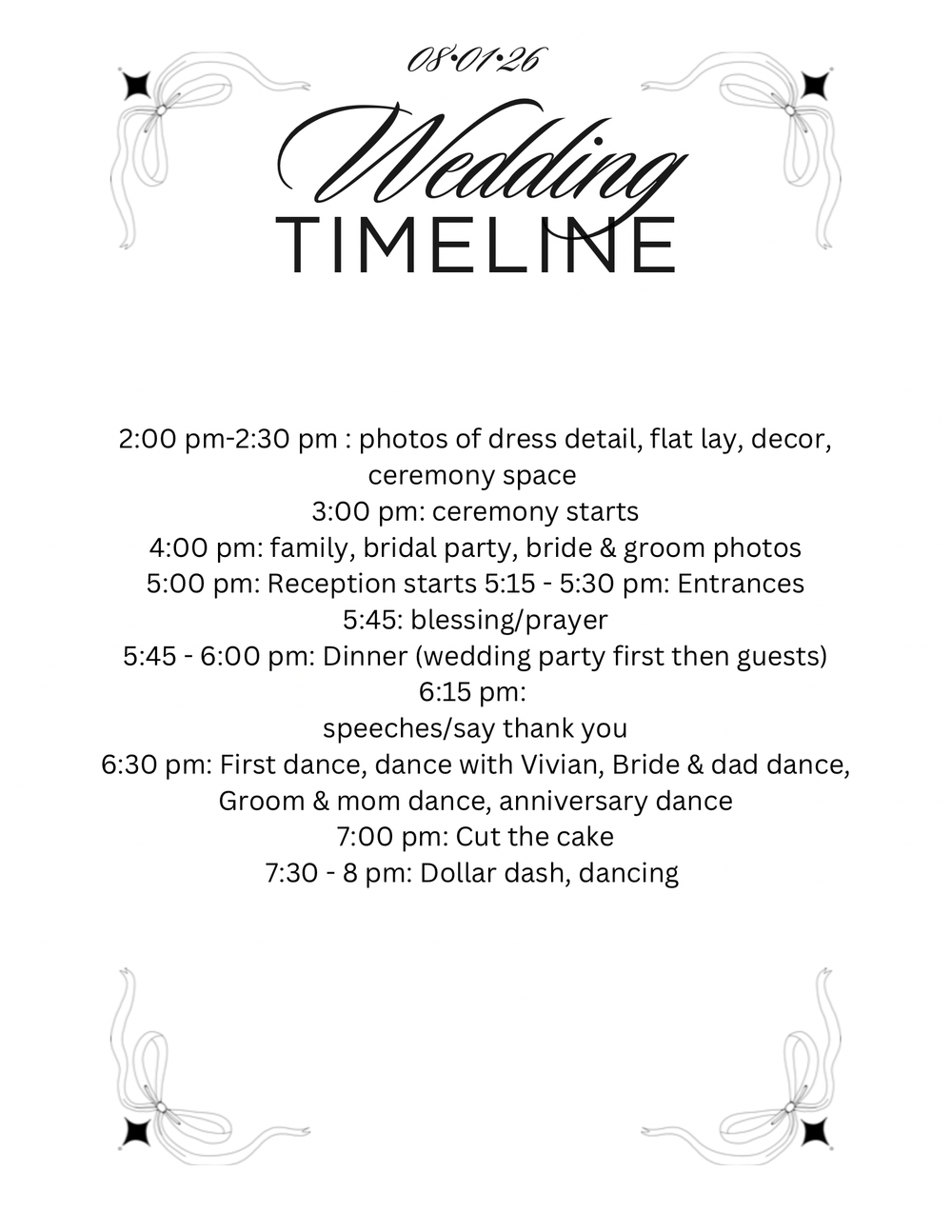 Elegant wedding timeline card for 08-01-26 detailing schedule from 2PM dress photos through 8PM dancing and dollar dash.