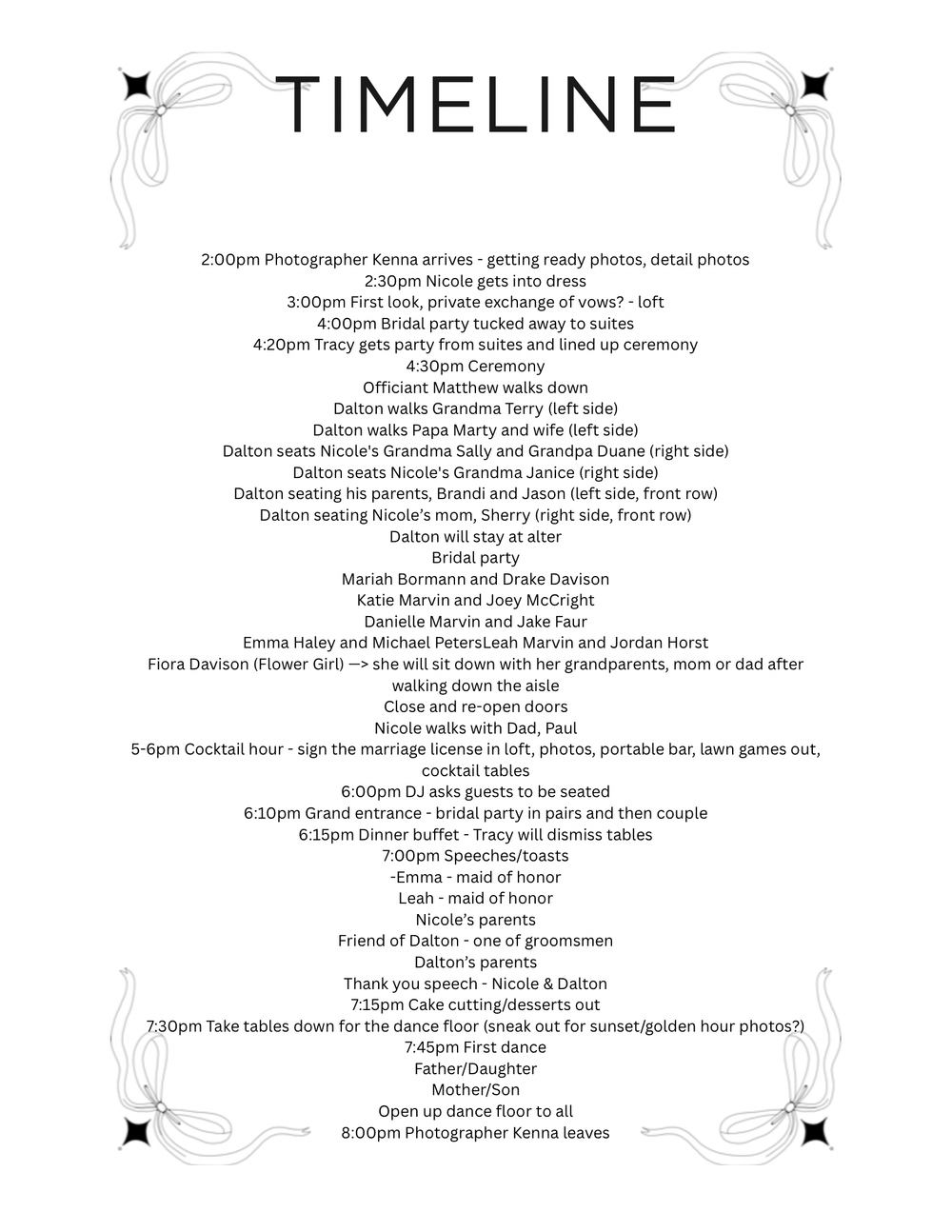 Elegant wedding day timeline schedule listing events from 2PM photographer arrival through 8PM departure with bridal party details.