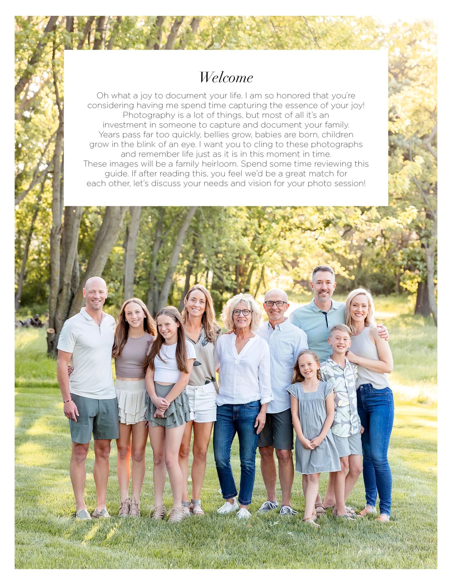 Large family group portrait smiling outdoors on green lawn surrounded by trees, welcome guide page for photography studio.