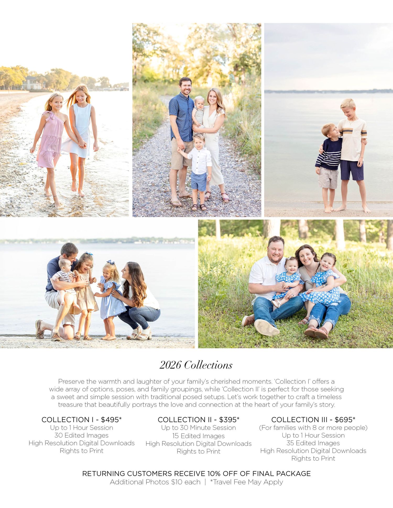 A family photography collections flyer featuring outdoor portrait sessions with families posing on beaches and in parks.