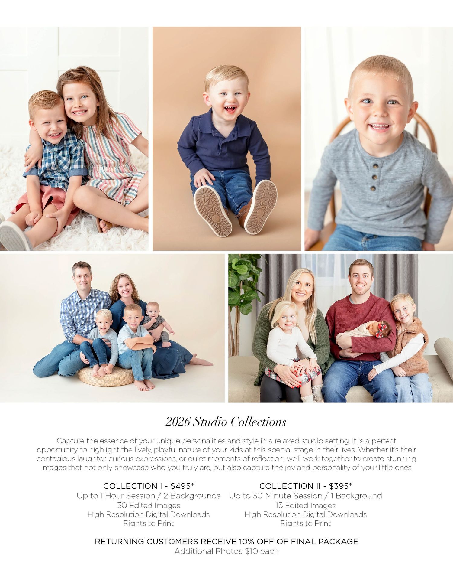 Professional studio portrait collection featuring family and children photography sessions with white backgrounds.