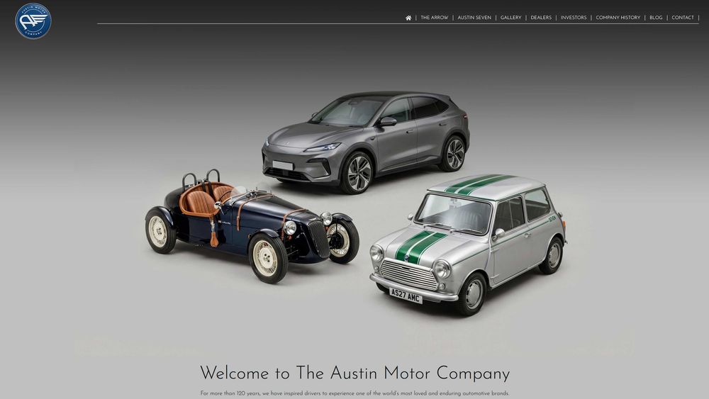 Three classic and modern Austin Motor Company cars displayed together, including a vintage racer, luxury SUV, and iconic Mini.